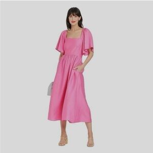 A New Day Womens Short Sleeve Tie-Back Square Neck Midi Dress Pink Size Large